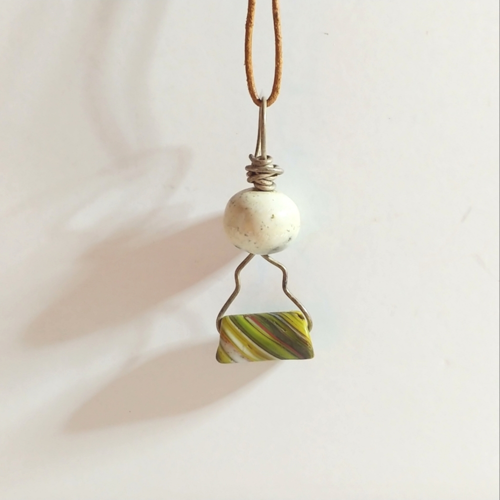 Handmade Vintage Trade Bead Necklace Green and White Geometric Pendant